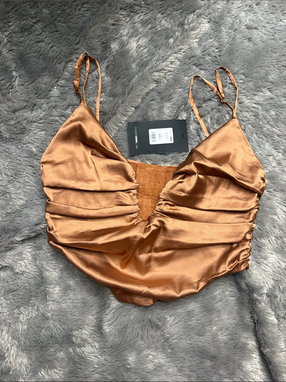 Fashion Nova Satin Ruched Cami Top - Bronze